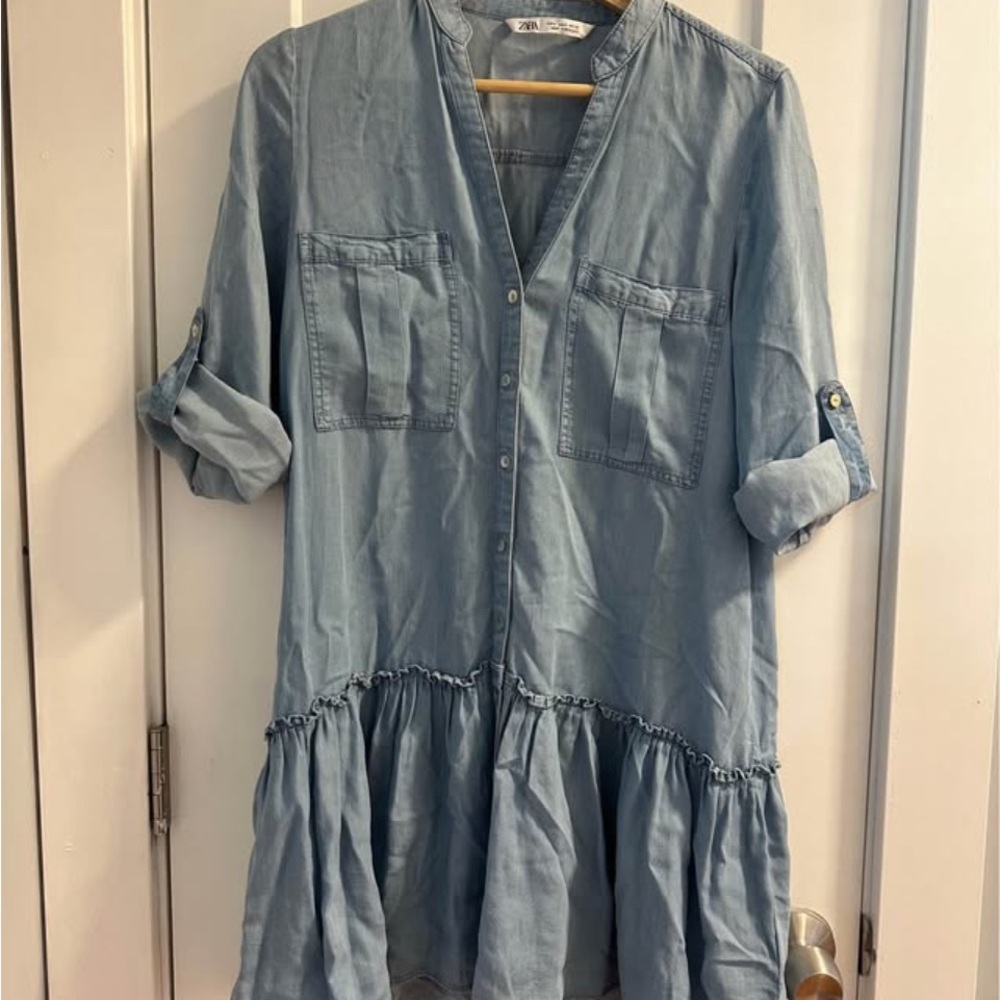 Zara Chambray Button-Front Tunic Dress in Light Blue